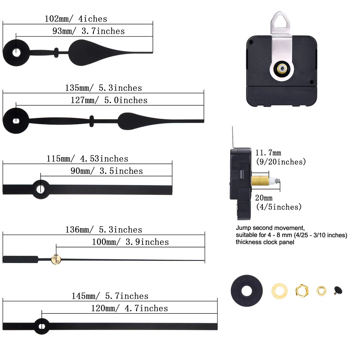 Meccanismo di movimento dell'orologio ad albero lungo ad alta coppia con 2 diverse paia di lancette (colore set 1, lunghezza albero 20 mm)