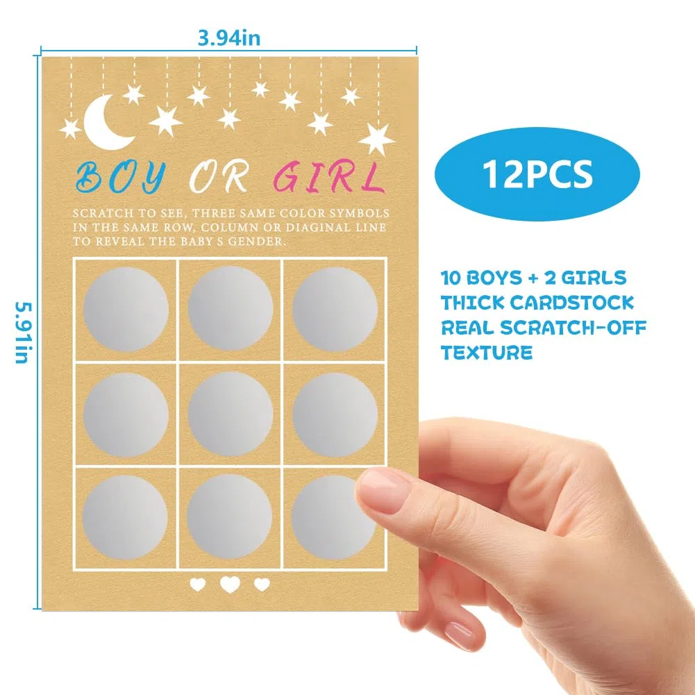 Gratta Vinci 12 Adesivi Gender Reveal per Baby Shower Annuncio Gravidanza, Maschio o Femmina, Gratta Rivela Sesso del Bambino, Attività per Festa Prenatale (Pacchetto Misto) (10 ragazzi e 2 ragazze)