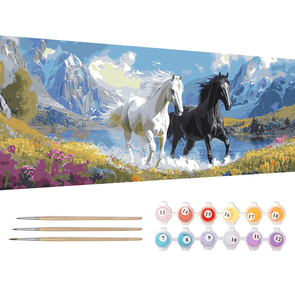 Reofrey Dipingere con i numeri, adulti, misura XXL, cavallo, fai da te, kit per pittura a olio con animali, tela 30 x 80 cm, con pennello e vernice acrilica (senza cornice), dipingere con i numeri