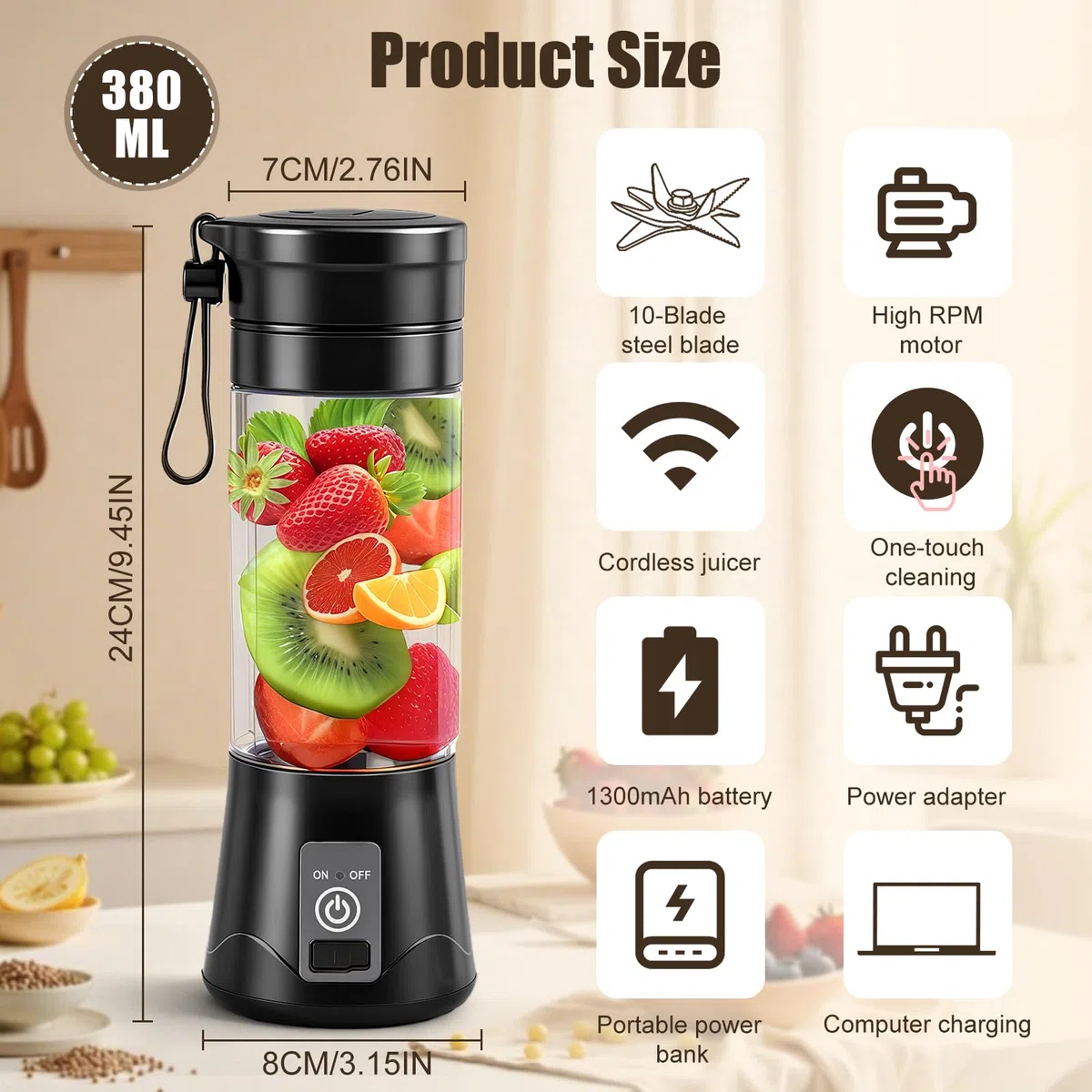 Leggero Frullatore Portatile, 380ml Mini Frullatore, USB Ricaricabile Juicer Cup, Frullatore Multifunzione per Smoothie, Frullati, Protein Shake e Succhi di Frutta