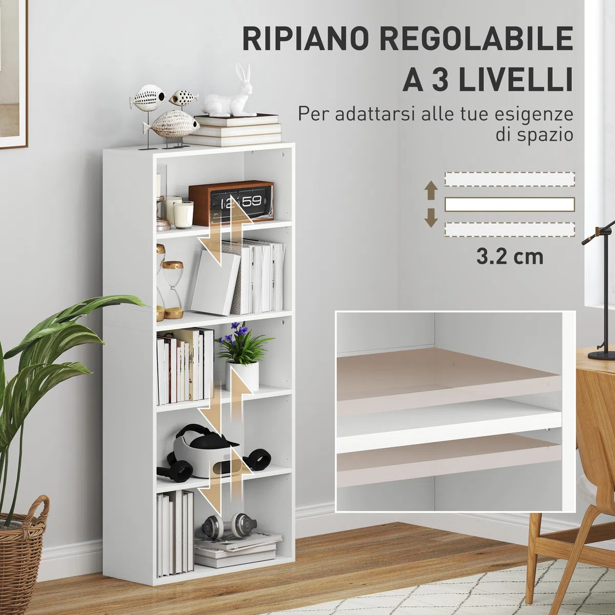 HOMCOM Mobile Libreria a 5 Ripiani con 3 Scaffali Regolabili, Libreria Scaffale Moderna in Legno, 60x24x133.5 cm, Bianco