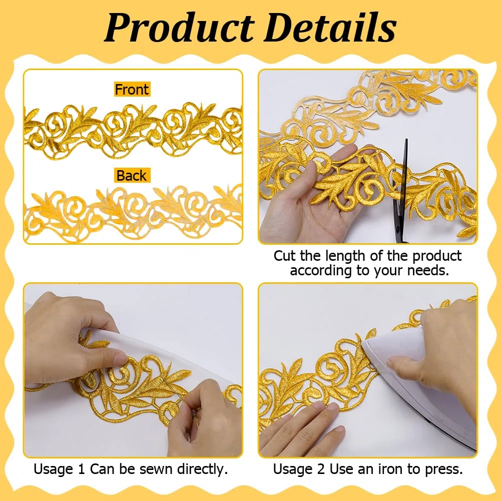 FINGERINSPIRE 2.2 Yards Trim Metallico per Sposa Oro Adesivo Ricamo Pizzo Ricamo Poliestere Trim Pizzo Floreale Artigianale per Cucire Costumi Decorazioni per La Casa Accessori