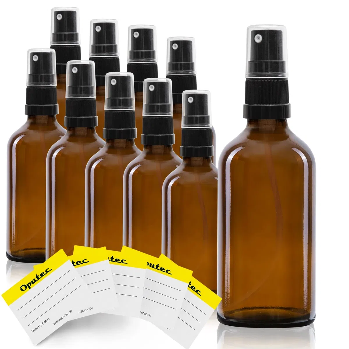 Oputec 10 Flaconi da 50 ml in Vetro Marrone con Nebulizzatore Spray Fine + 10 Etichette - Bottiglie Spray