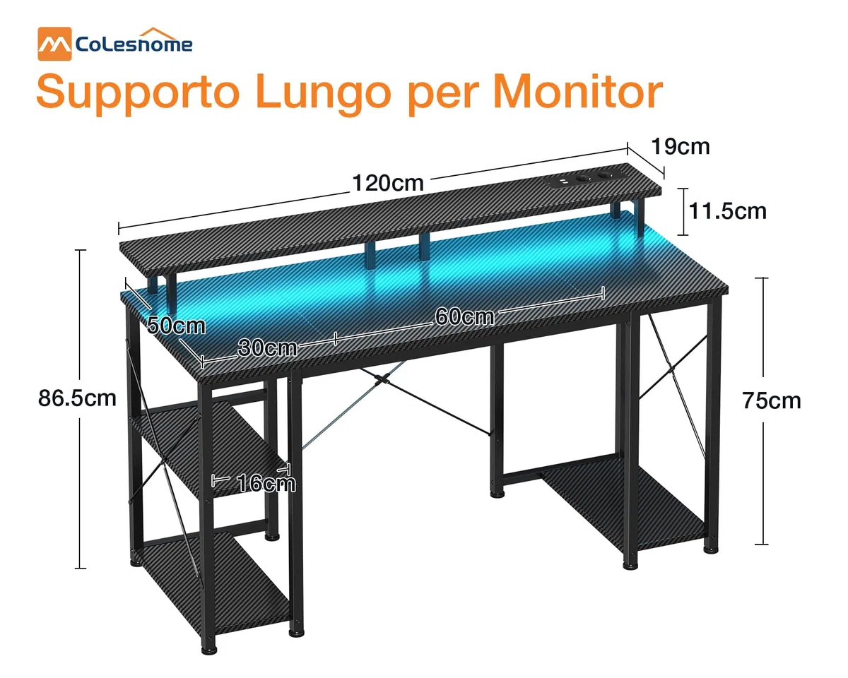Coleshome Scrivania Gaming con LED, 120x50cm Scrivania Computer con 2 Prese e 2 Porte USB, PC Scrivania con Supporto Monitor e Ripiani di Archiviazione, Scrivania per Ufficio Casa, Nero
