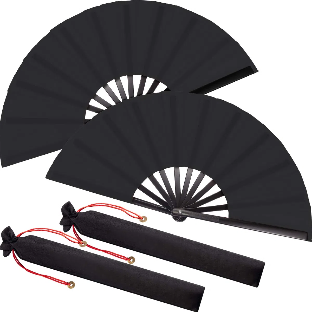 Ventaglio Grande in Seta Rosso a Mano Cinese Tai Chi, Pieghevole per Performance/Danza/Decorazioni/Festival/Combattimento/Artigianato/Regalo (Nero, 2)