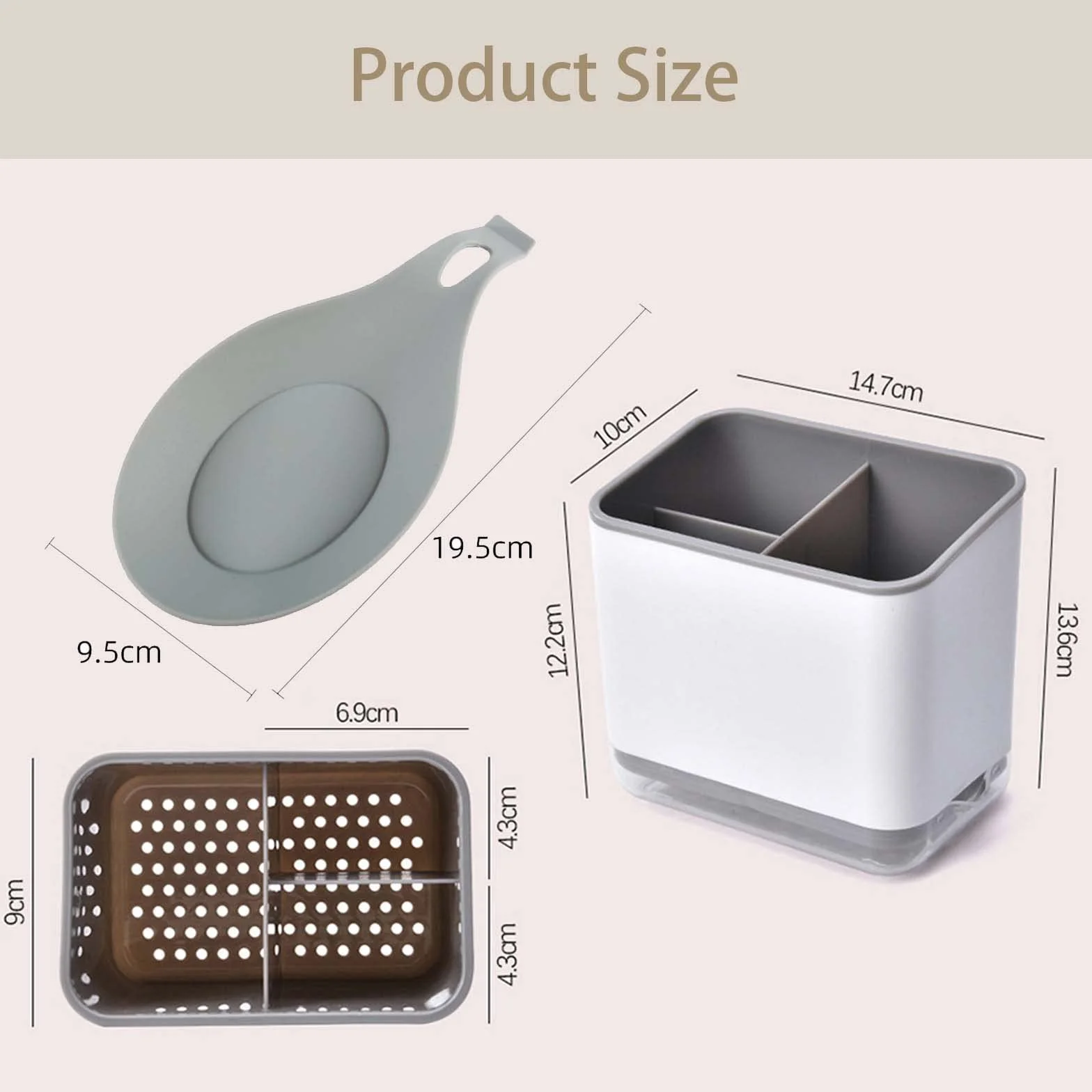 Scola Posate da Cucina, Portaposate, Porta Mestoli con 3 Scomparti per Lavello, Mestolo Silicone, per Riporre Coltelli, Forchette e Cucchiai