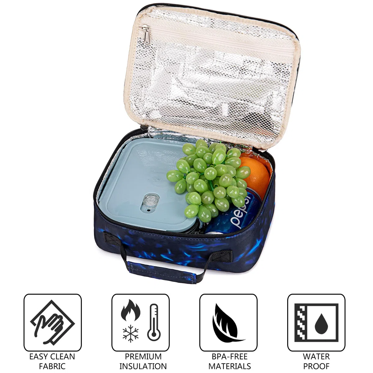 LEDAOU Borsa termica per bambini, 5 l, con chiusura lampo, borsa termica per il pranzo, per scuola, escursionismo, lavoro, Calcio Nero Blu, Casual