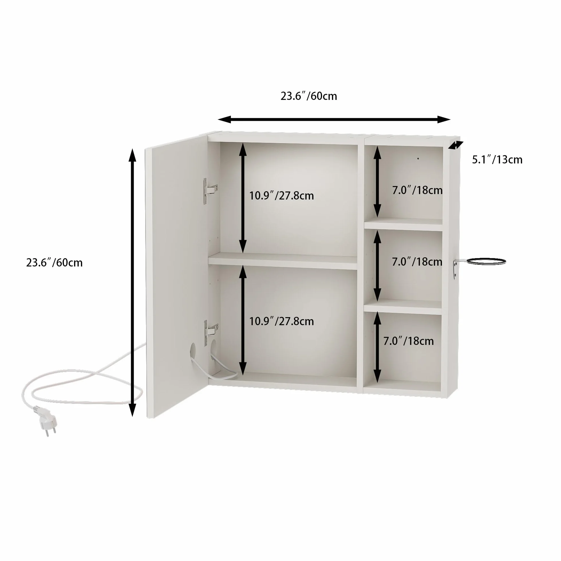 Specchio Bagno Contenitore con illuminazione e Antiappannamento Armadietto Bagno a Parete con 3 Mensola Regolabile e Porta asciugacapelli Luce a 3 colori Specchio Contenitore 60x60x15 cm Bianco