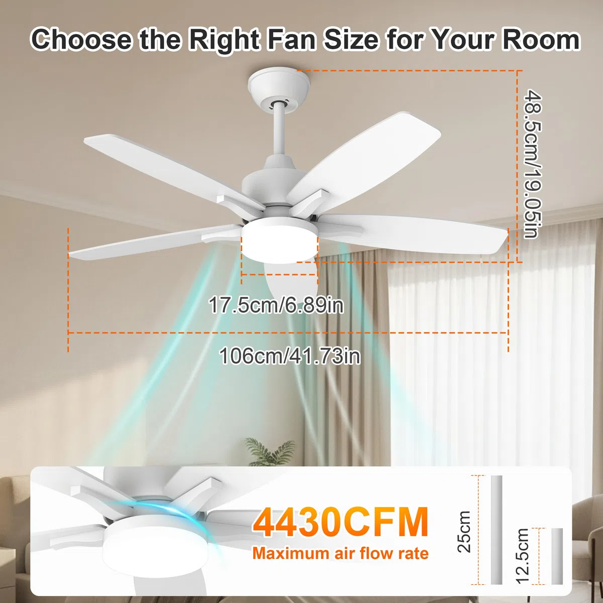 Ventilatore da Soffitto con Illuminazione 106 cm, Bifacciale Ventilatore da Soffitto Luce a LED e Telecomando 6 Velocità, Illuminazione LED Dimmerabile, motore DC silenzioso