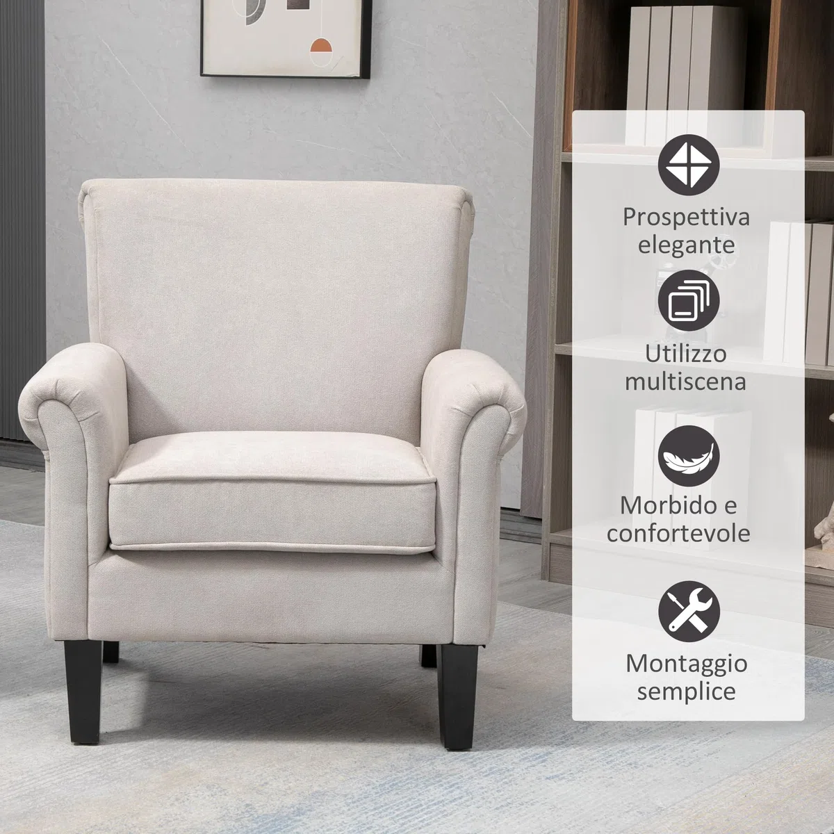 HOMCOM Poltrona d'Arredo in Stile Nordico con Braccioli, Poltrona Imbottita in Legno e Poliestere, 79x78x87 cm, Grigio e Marrone