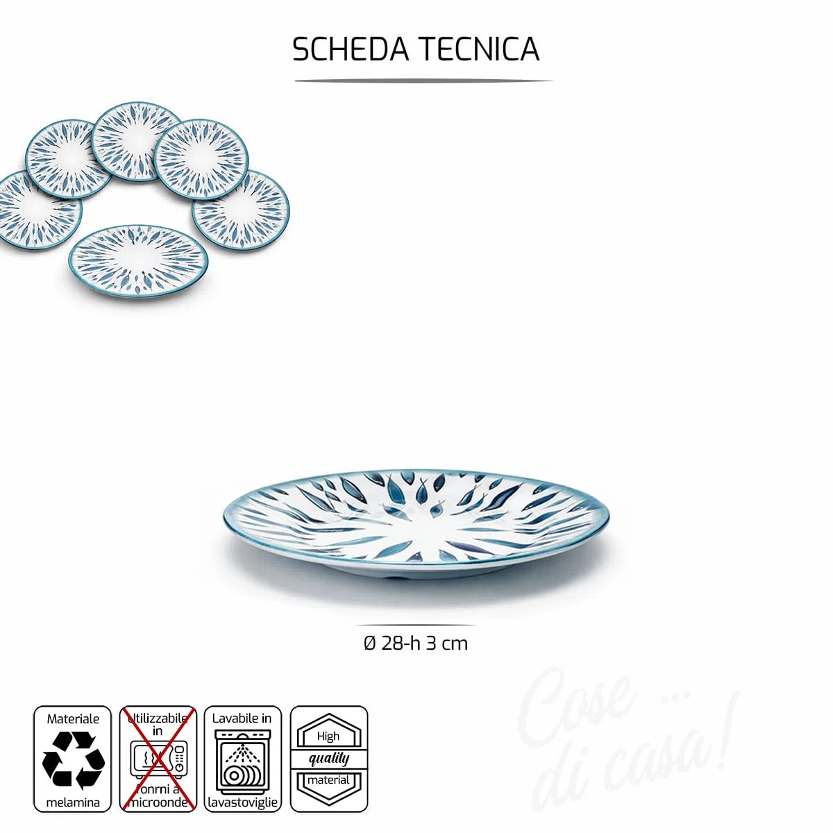 ARCA, Servizio di Piatti, Set di 6 Piatti Piani, Realizzati in Melamina, Set per la Tavola, Collezione Fish, 28x2 cm