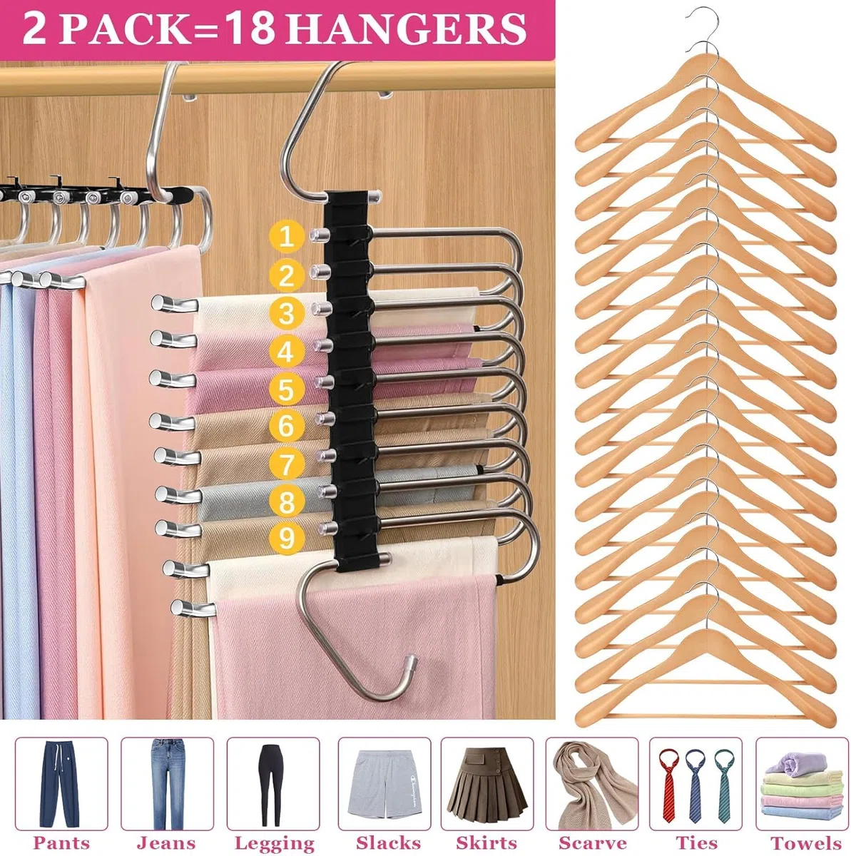 2 Pezzi Grucce Salvaspazio 9 in 1 per Pantaloni, Acciaio Inossidabile Grucce Pantaloni, Antiscivolo Appendiabiti, Pieghevoli Antiscivolo Multiuso, Ognuno Può Contenere 9 Pezzi (Nero)