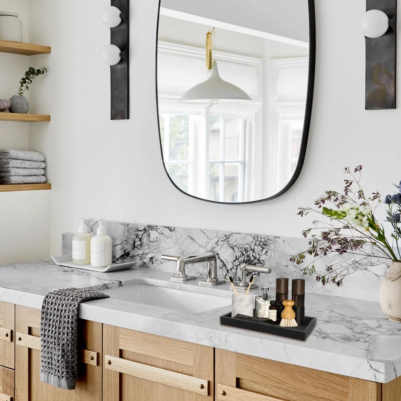 2 Pezzi Vassoio Decorativo Portaoggetti Nero per Vanità, Vasca da Bagno, Lavello Della Cucina E Bagno