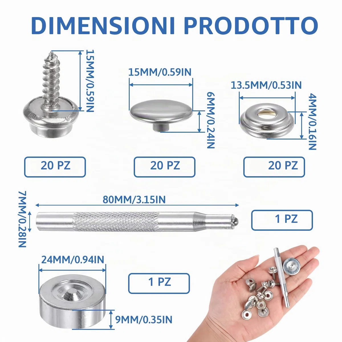 Set di 20 Bottoni Automatici a Pressione per In Acciaio Inossidabile, 15 mm Set di Bottoni in Acciaio Inox, Include 2 Utensili di Fissaggio, per Teloni, Barche, Tende, Mobili, Progetti DIY
