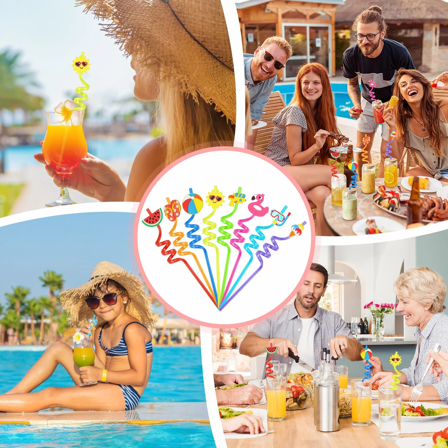 Cannucce Cocktail Plastica Riutilizzabili Cannuccia Riutilizzabile Bambini 16 Pezzi Reusable Straw Spesse Cannucce Carta Colorate Lunghe per Feste di Piscina Cannuccia Plastica (Estate)