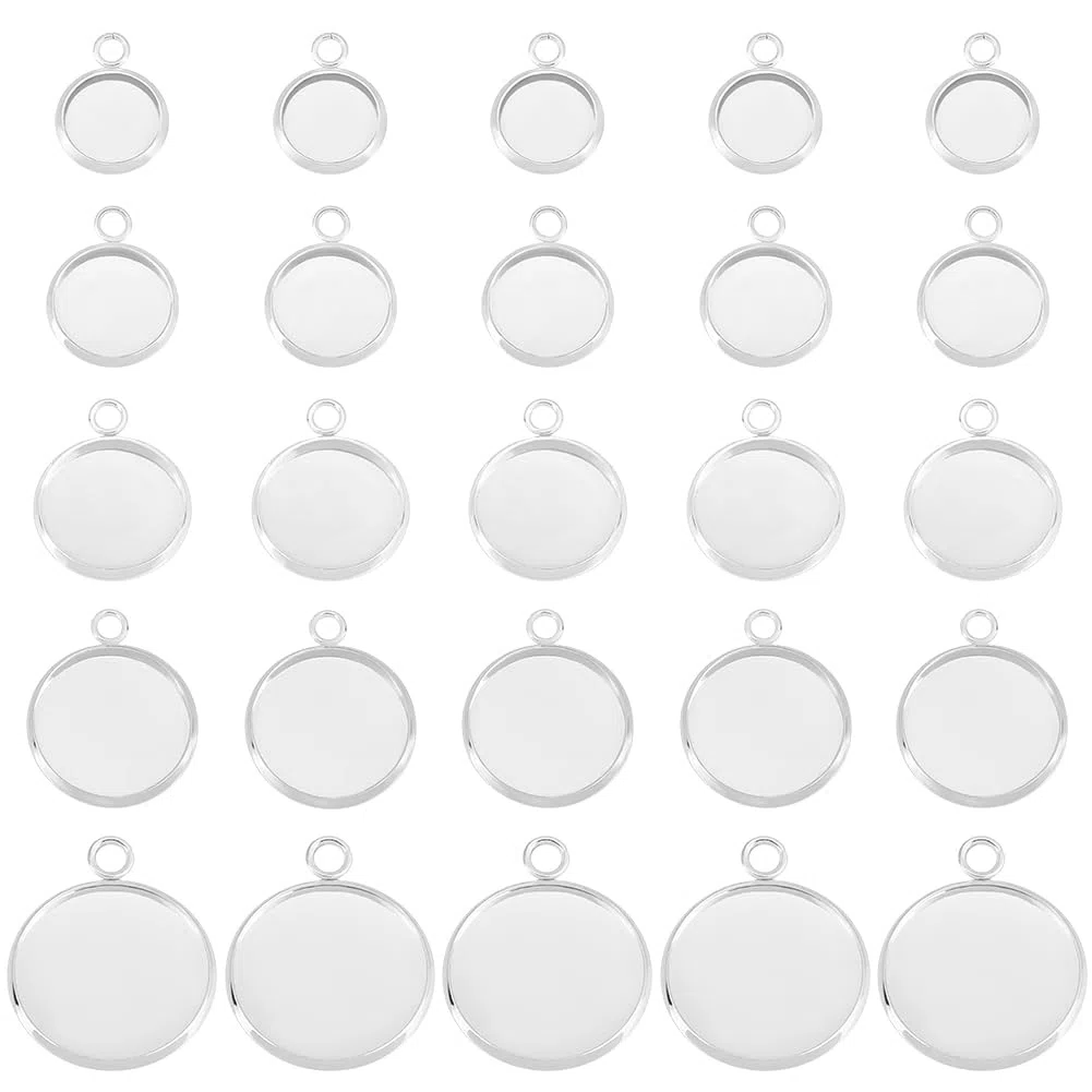 Beebeecraft 40 pezzi 10/12/14/16/20mm Impostazioni Cabochon Vuote 925 argento Sterling Placcato 304 vassoio Castone Vuoto In Acciaio Inossidabile Ciondoli Rotondi Piatti con Anello per La Creazione