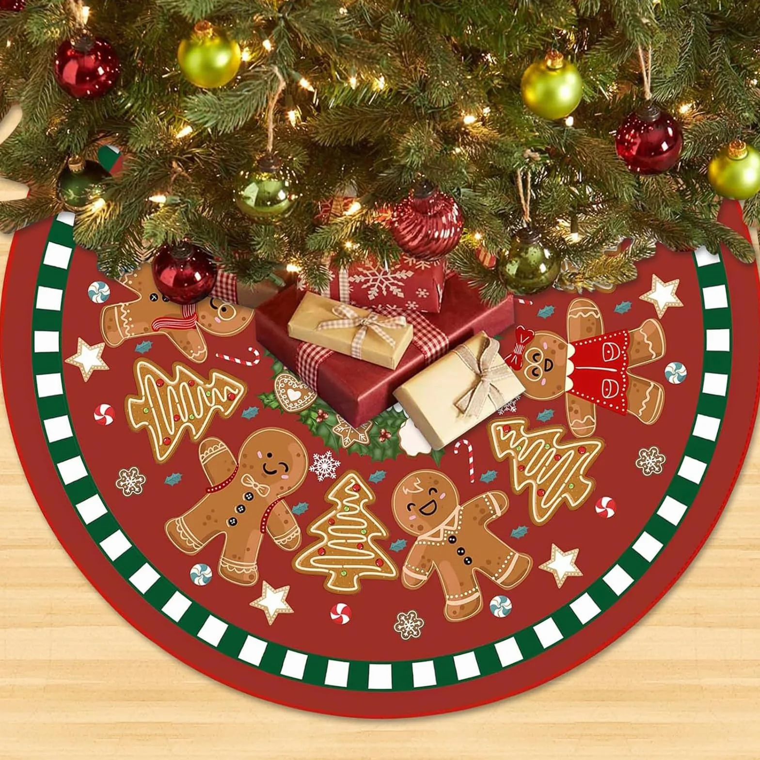 90cm Grande Gonna Albero di Natale, Tappetino per albero di Natale Omini di Pan di Zenzero, Copertura per Albero diNatale, Rotonda Tappetino per Copertura Base per Decorazioni Natalizie