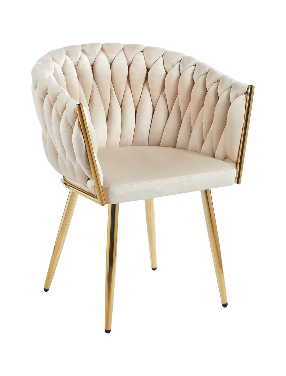 IlGruppone Poltrona con Schienale in Velluto Intrecciato Design Moderno, Sedia Imbottita Circolare con Gambe in Metallo Placcato Oro Poltroncina - Beige