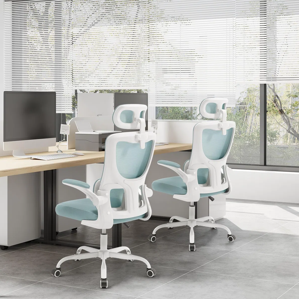 WOLTU Sedia Ufficio Ergonomica, Sedie Ufficio a Rete Traspirante, Con Supporto Lombare Adattativo a Forma Di C, Poggiatesta Regolabile, Braccioli Ribaltabili, per Scrivania, Casa, Blu