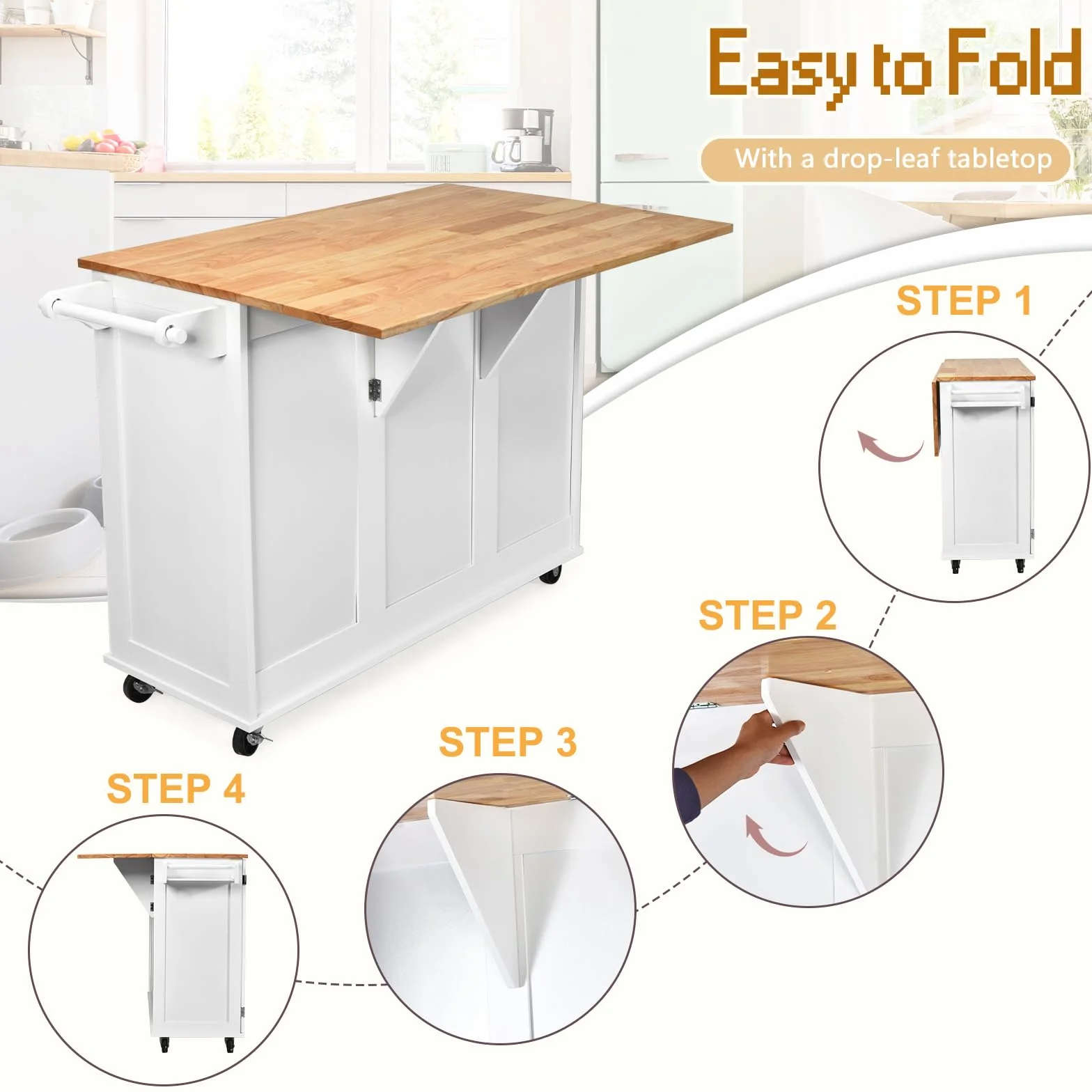 KOMFOTTEU Carrello da Cucina con Pannello Pieghevole Portato fino a 50 kg, Isola da Cucina 43x136x91cm, Carrello Portaoggetti in Legno con Ruote, Multifunzione e Grande, Nero (Bianco)