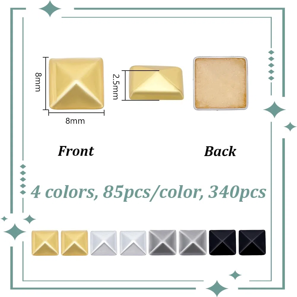 NBEADS 340 pz 4 colori Borchie Piramidali Hotfix, Borchie Piatte In Alluminio Quadrate Da 8mm Rivetti Punk Senza Cuciture per Giacche In Pelle Borse, Scarpe Fai Da Te