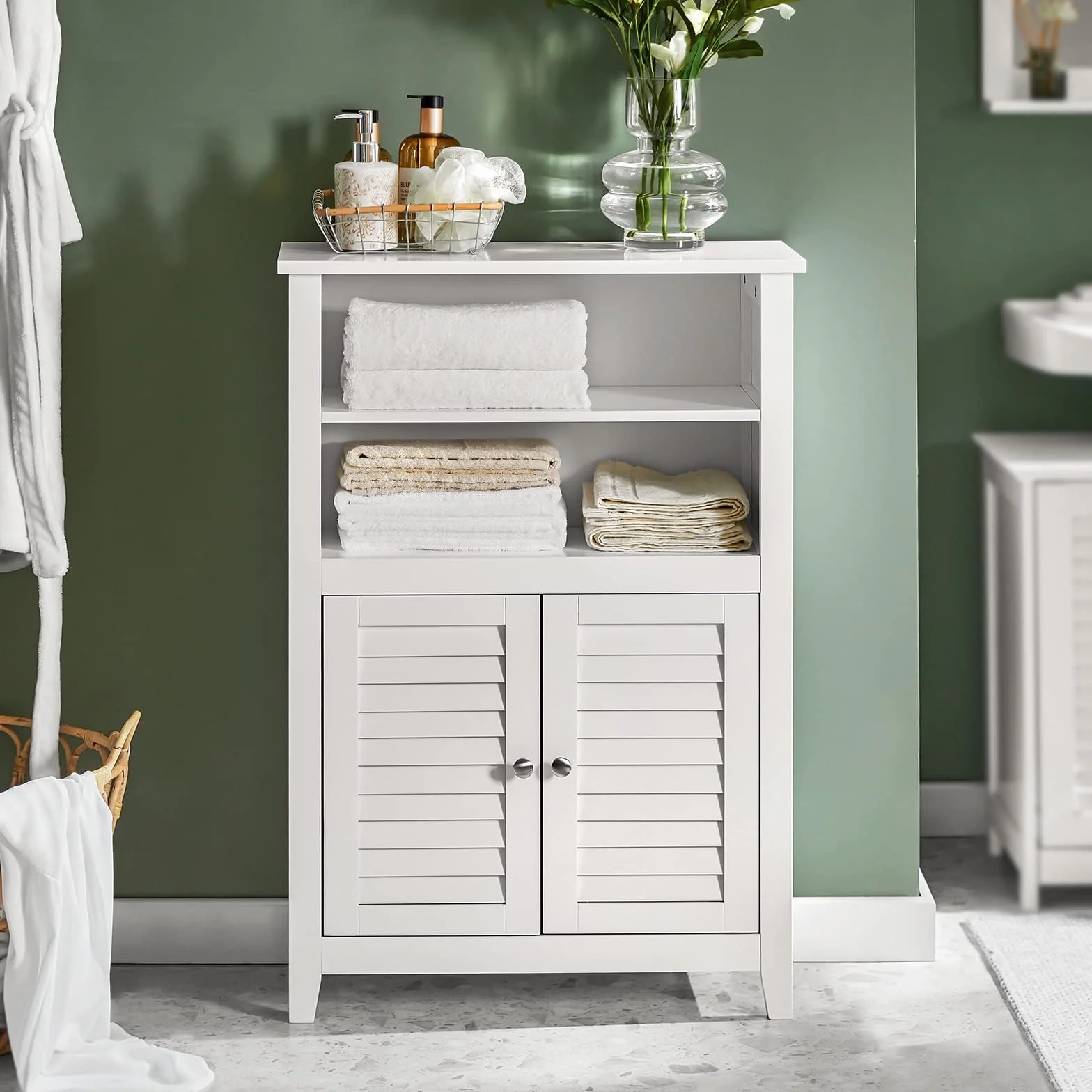 SoBuy Armadio da Bagno – Mobile da Bagno Salvaspazio con Ripiani e Porte, Credenza in Legno Stretto per Corridoio e Soggiorno, Bianco, 60 x 90 x 26 cm, BZR13-W