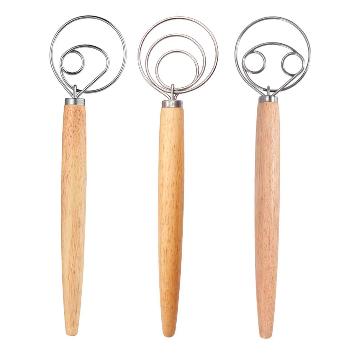 Professional Danish Dough Whisk, DBAILY 3pcs Frusta Pasta Danese Manico in Legno Fruste da Cucina in Acciaio Inox per Cuocere Torte Dessert Acida Pizza Pasticceria