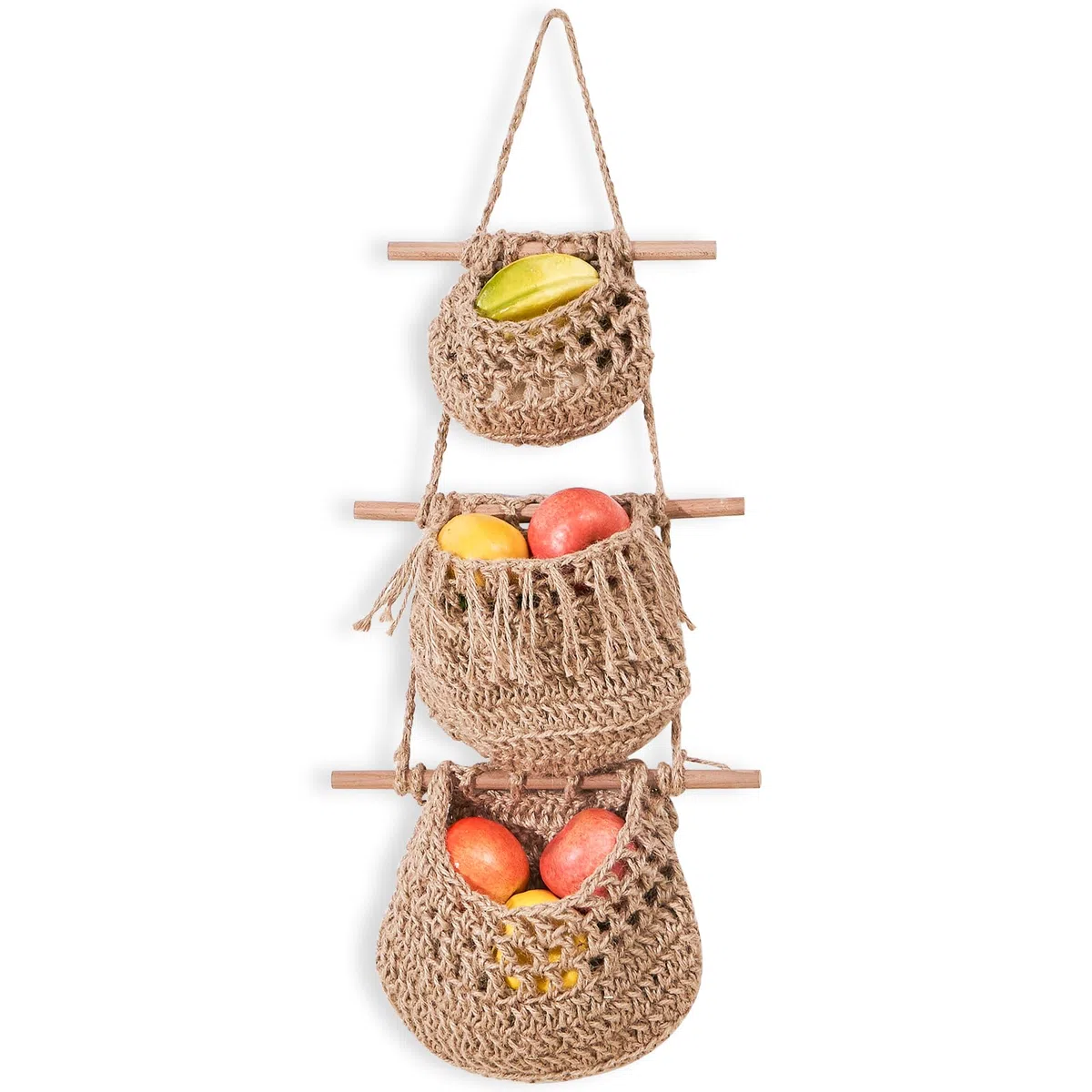 Cesto di Frutta da Appendere,Cestino da parete in corda di cotone intrecciata a mano a 3 strati,Cesto di Frutta Verdura Boho da Appendere,Appendino per Porta Cesto Decorativo per Cucina (Marron)