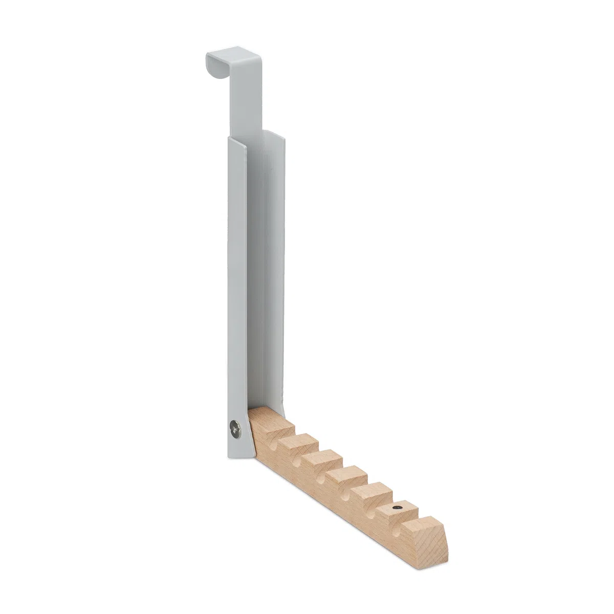 Relaxdays Appendiabiti Pieghevole da Porta, 6 Ganci per Grucce, Appendino per Porte Spesse 2 cm, Ferro e Legno, Grigio