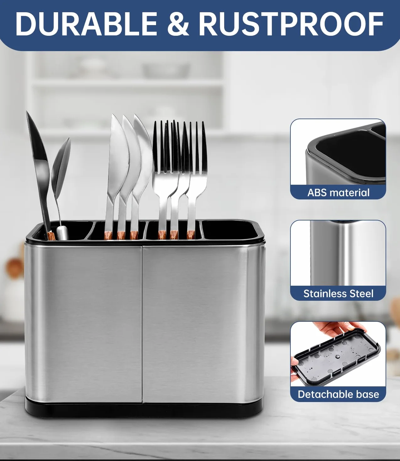 Portaposate Scolaposate, Porta Utensili Multifunzionale da Cucina, Organizzatore di posate in acciaio inox con 4 Scomparti e Scarichi per Riporre Bacchette, Forchette, Coltelli, Cucchiai, Ecc