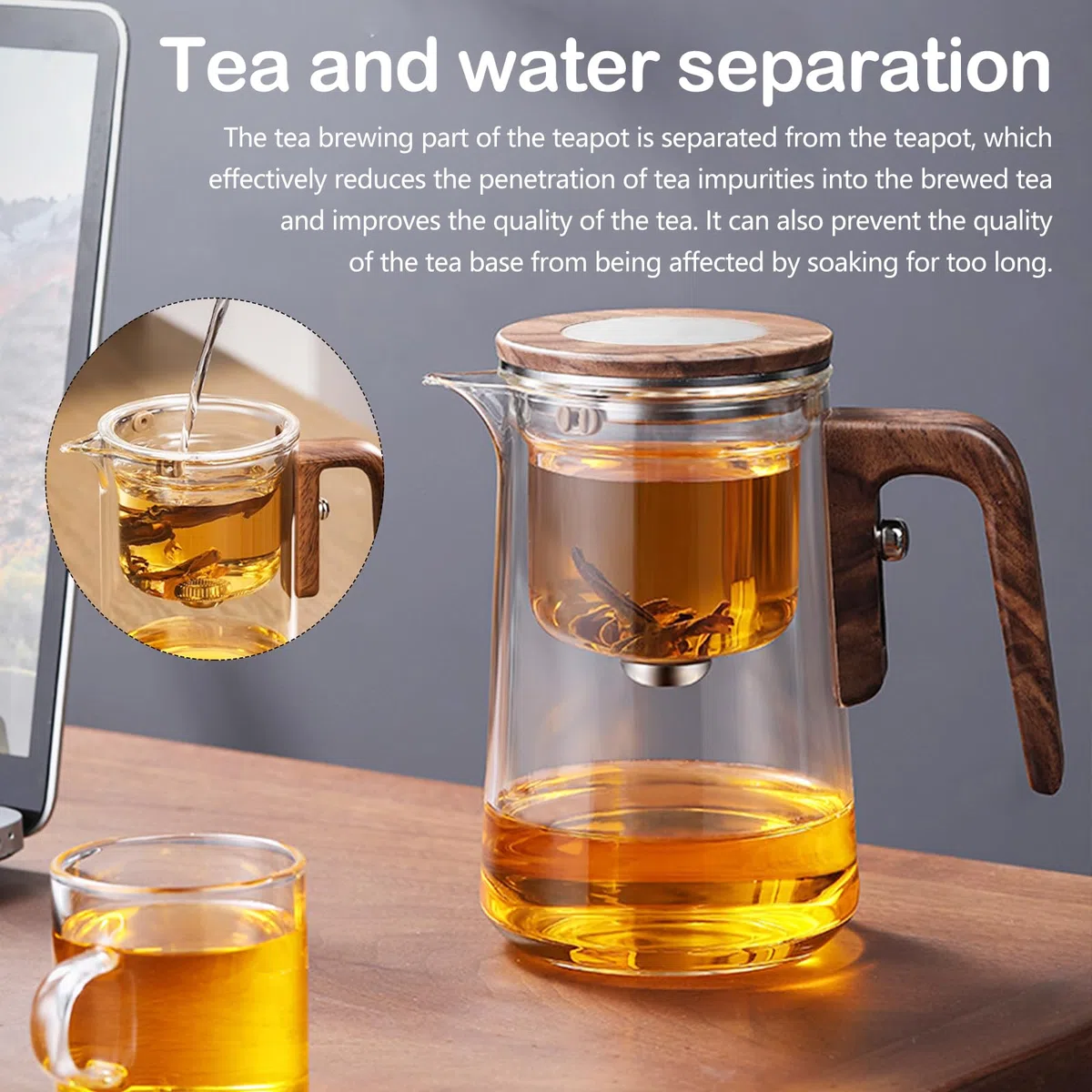 Teiera in Vetro con Infusore Ysislybin, Teiera Magica con Separazione dell'Acqua e Manico in Finta Legno, 800 ml