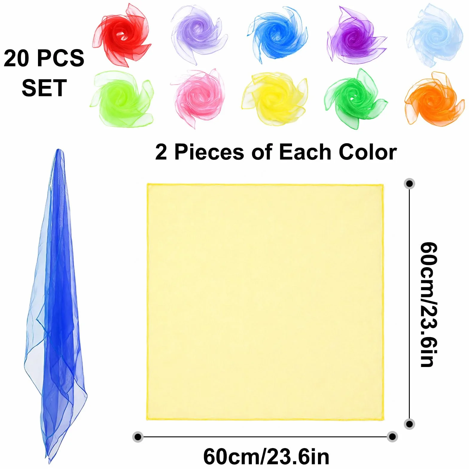 20 Pezzi Foulard Colorati in Chiffon per Bambini Foulard Giocoleria Sciarpe da Ballo, Asciugamani Magici Quadrati 60x60cm (20 Pezzi in 10 Colori)