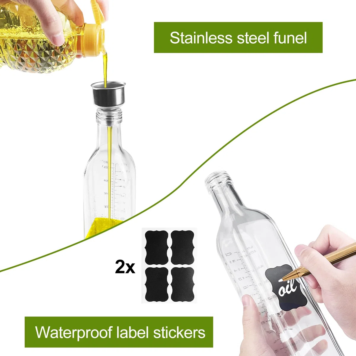 Gvolatee 2PCS oliera salvagoccia 500ml, dispenser olio d'Oliva e Aceto con beccuccio, Imbuto in Acciaio Inossidabile, etichette, dosatore Trasparente bottiglie vetro per Cucina, BBQ, insalate