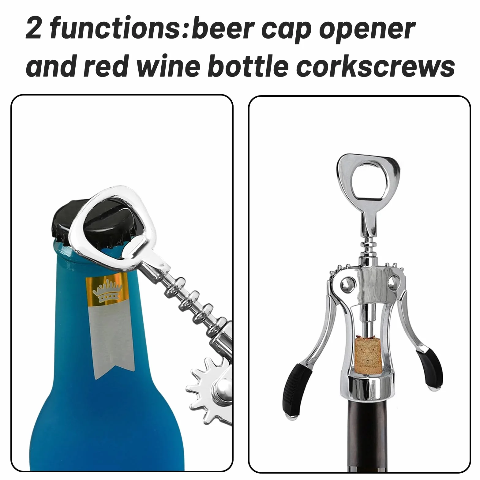 Apribottiglie 2 in 1, cavatappi ad ala per vino rosso, birra, cavatappi ad ala in metallo, per cucina, ristorante, castello e bar