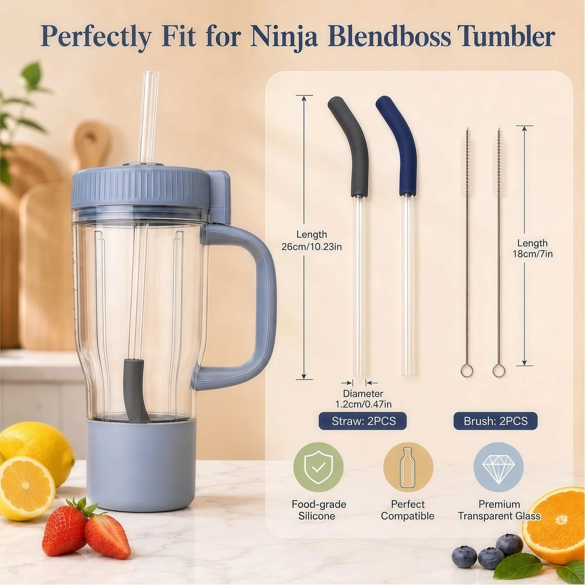2 cannucce in vetro per tazze Ninja Blend Boss, con 2 spazzole per la pulizia e 2 tappi per cannucce in silicone, riutilizzabili per bicchieri Ninja BlendBoss, grigio e blu scuro