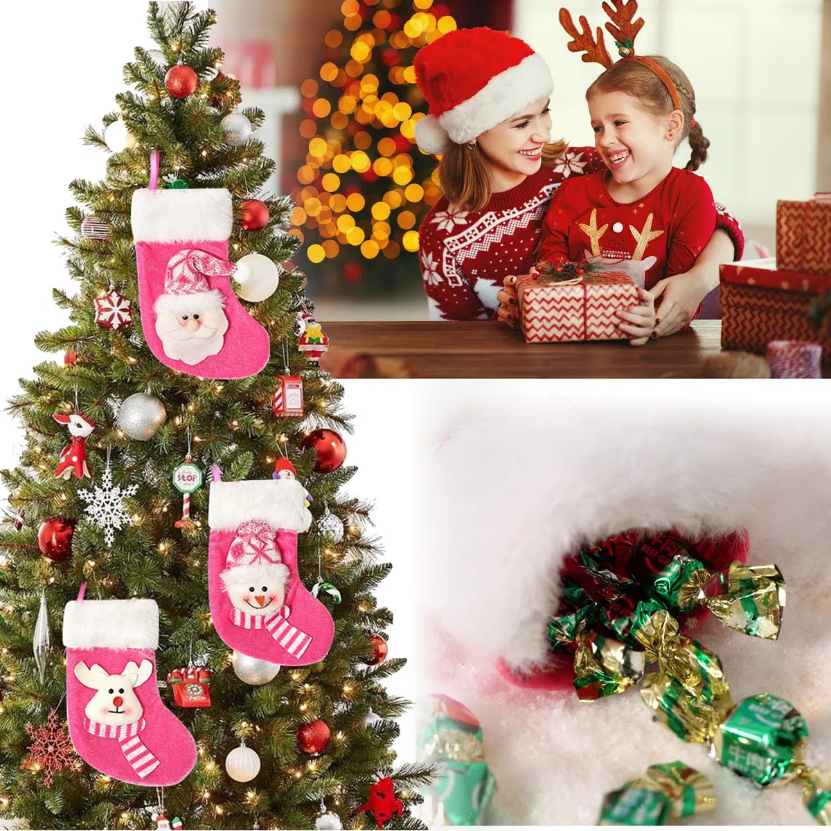 3 PCS Mini Calze Natalizie da Appendere, 17x9cm Piccoli Calze di Natale, Rosa Personalizzate Calza Befana Vuota, Candy Sacchetti Regalo per Albero di Natale Decorazione