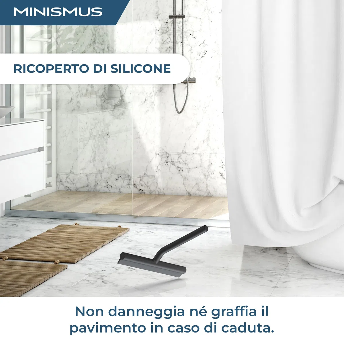 Minismus Tergivetro per Doccia - Pulisci Vetri Porte e Finestre - Tergivetro Doccia Silicone - Pulisci Doccia Vetro, Bagno e Specchi - Senza Foratura, Supporto Incluso (Nero, 21 cm)