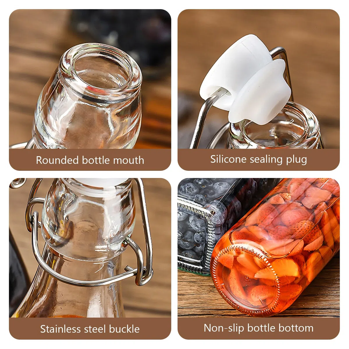 Confezione da 2 bottiglie di vetro con tappo basculante, sicure a pressione, con tappo ribaltabile, per fermentazione, aceto (quadrate, 500 ml)