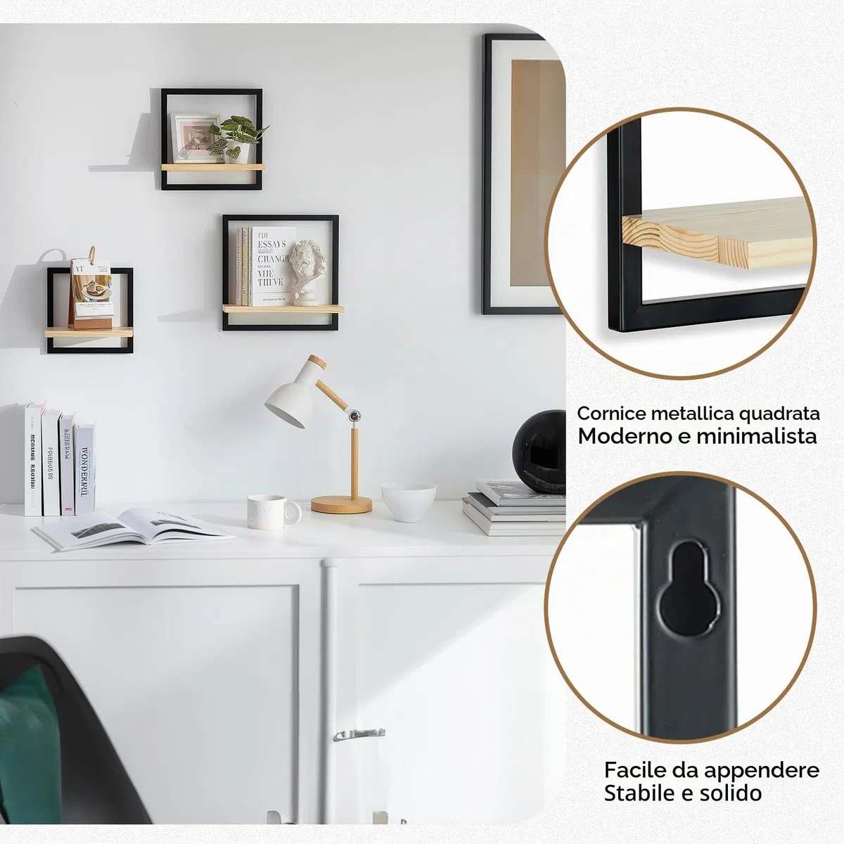 Mensola da parete nera in metallo per soggiorno: set da 3 ripiani quadrati da parete moderna, decorazione da parete, per camera da letto, bagno, angolo