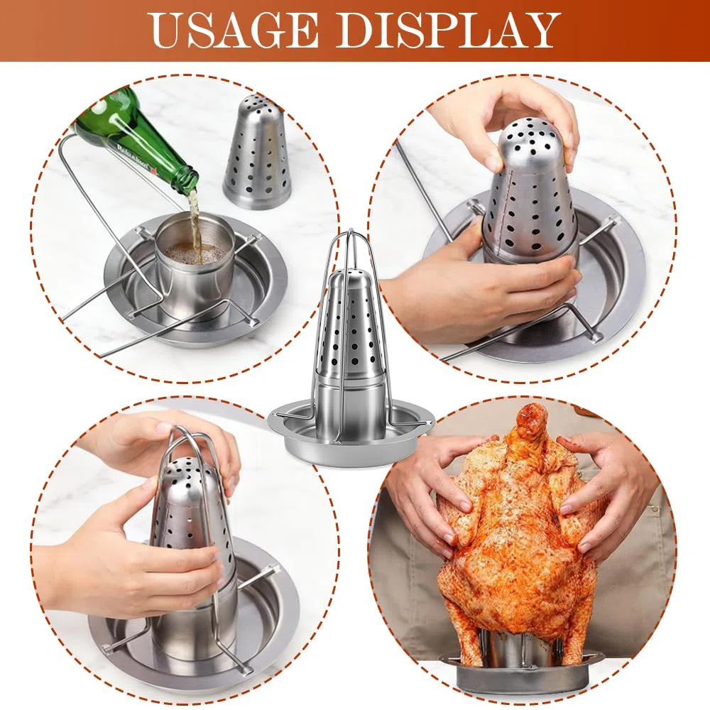 Supporto Pollo Bbq In Acciaio Inox,Griglia per Pollo Barbecue con Vassoio,Teglia per Pollos Girarrosto,Supporto per Cucinare,Porta Arrosto Antiaderente,Roaster Rack Verticale per Forno, Grilling