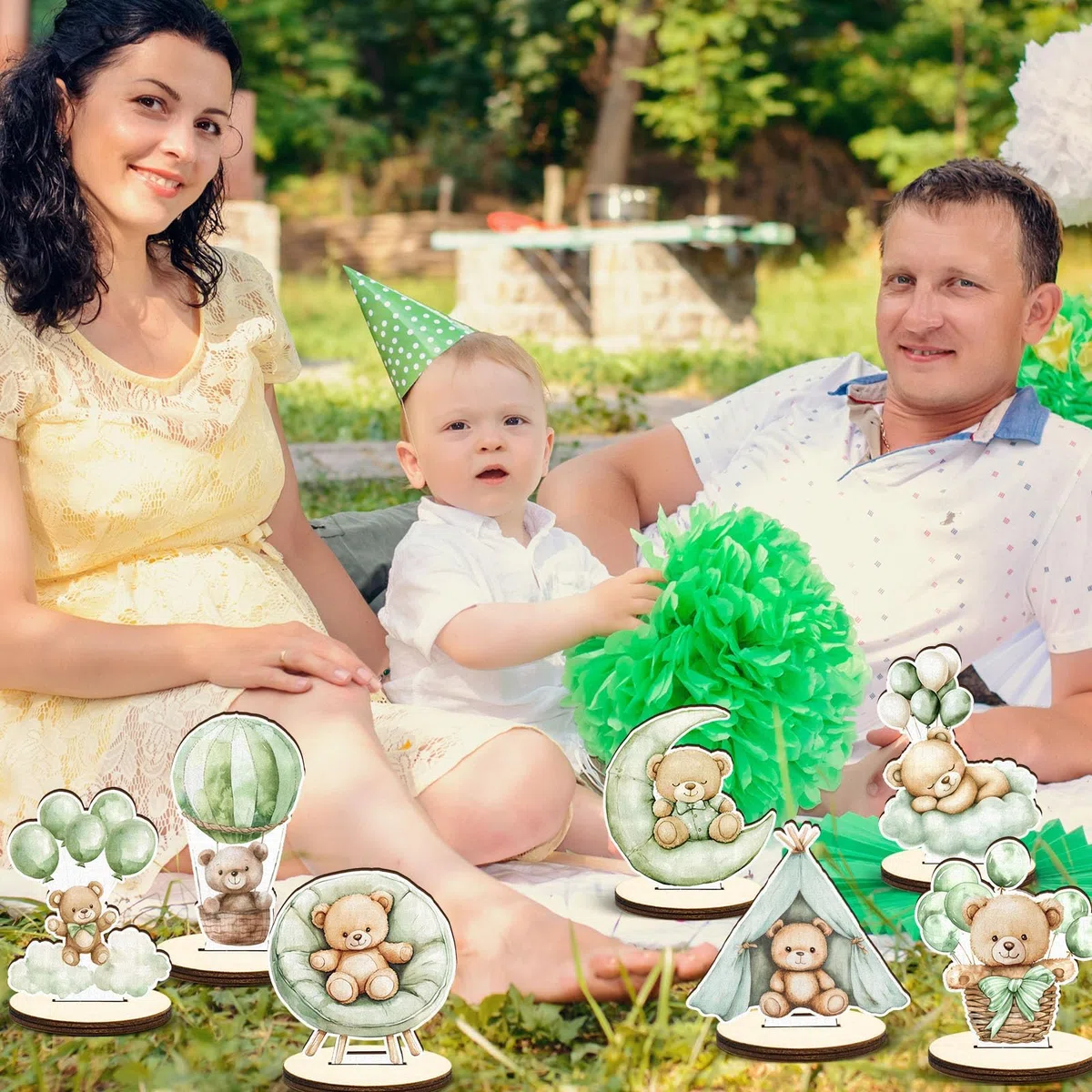 8 Pezzi Decorazioni in Legno per Baby Shower, Verde Salvia, Orso, Topper da Tavolo con Cartello Rimovibile, per Bambino O Bambina, Decorazioni per Rivelazion