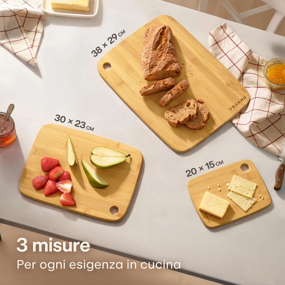 Praknu Set di 3 taglieri in legno – versatile e robusto – tagliere sostenibile FSC bambù per verdure, carne e pane – diverse dimensioni