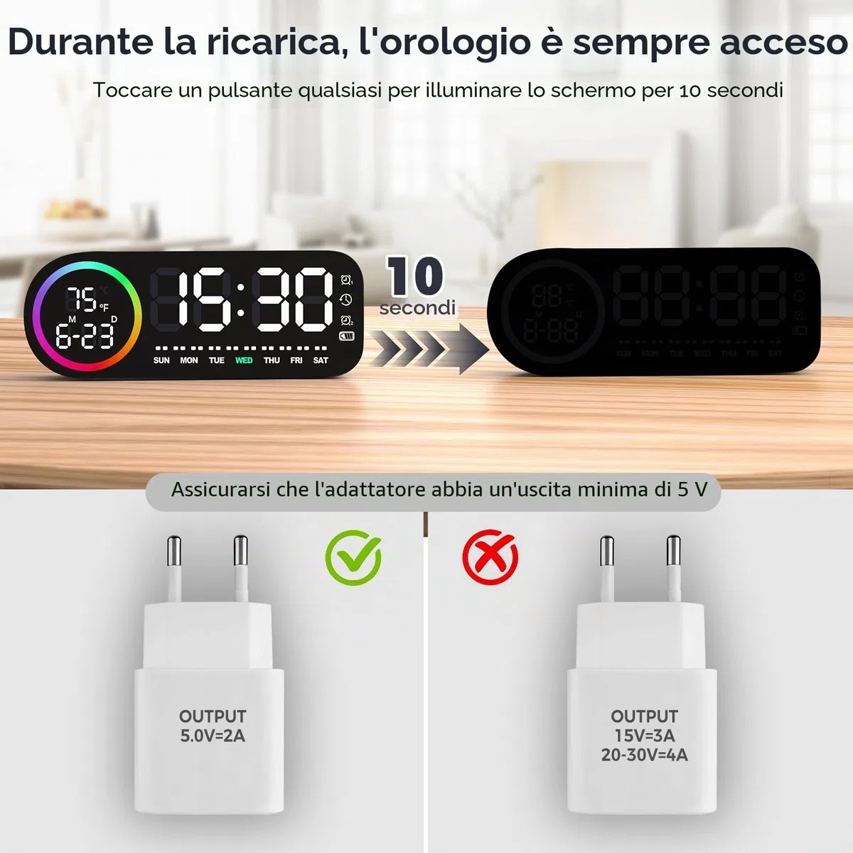 Vinabo Sveglia digitale con luce notturna a 7 colori, 4 livelli di luminosità, ampio display a LED della temperatura, controllo vocale, 12/24 ore, porta USB, snooze, memoria di spegnimento (Nero)