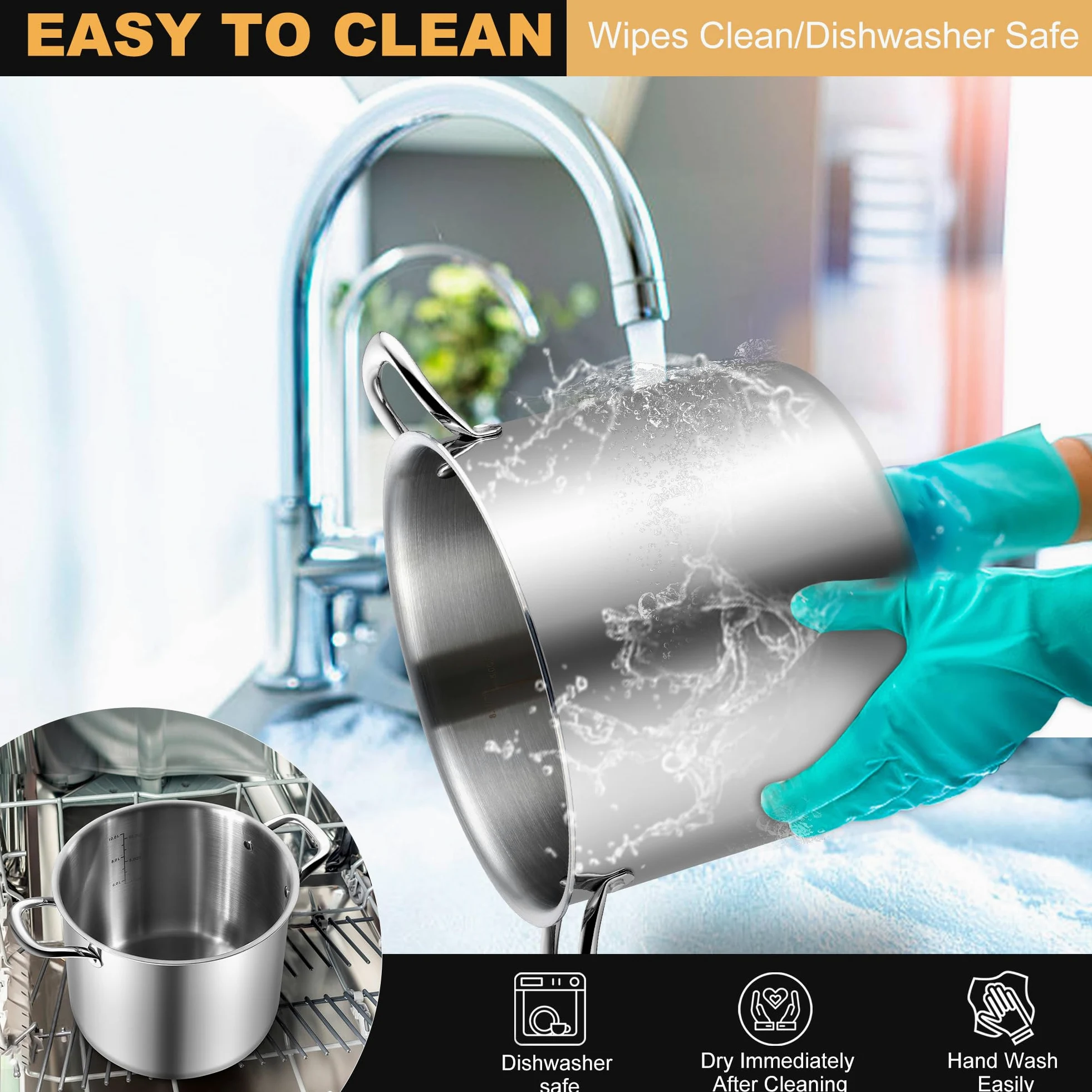 Joyfair Pentola grande da 10 l, in acciaio inox a tre strati, con coperchio in vetro, per induzione/gas/ceramica/elettrica/alogena, pentola per zuppa sicura per cuocere a fuoco lento, manici
