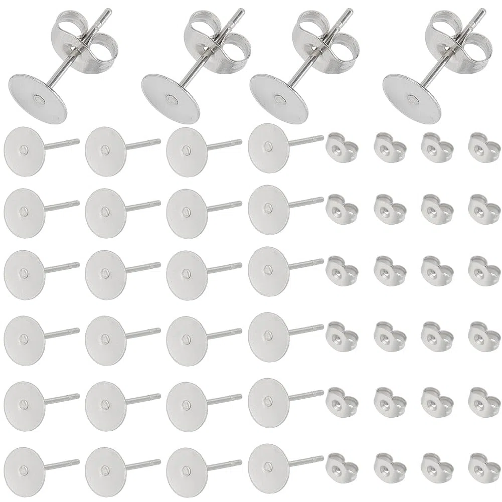 1 scatola da 1000 orecchini a perno da 6 mm, in acciaio inox, con cuscinetto piatto ipoallergenico, rotondi, vuoti, per la creazione di gioielli e artigianato