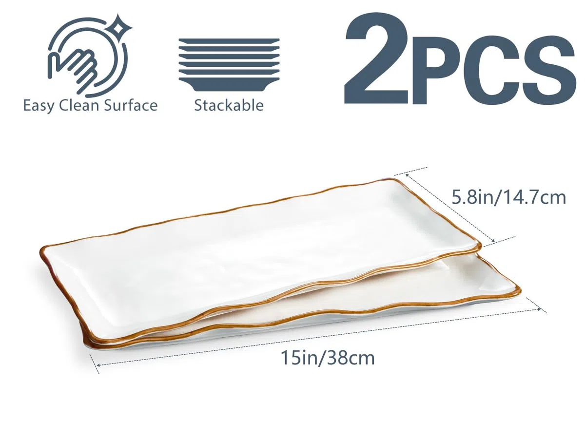 ONEMORE Set di 2 Piatti da Portata Rettangolari, Piatti Grandi in Porcellana 38 cm, Piatti da Portata Bianchi per Buffet, Sushi, Torte, Antipasti a Casa, Feste o al Ristorante, Bianco