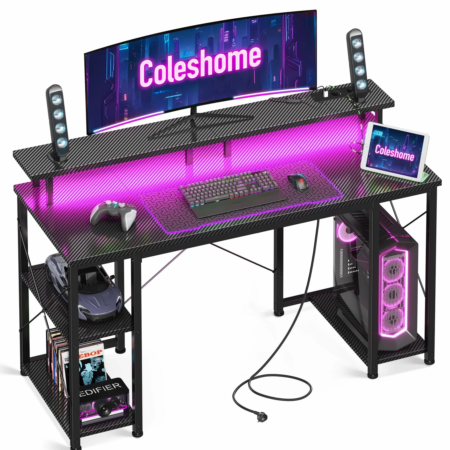 Coleshome Scrivania Gaming con LED, 120x50cm Scrivania Computer con 2 Prese e 2 Porte USB, PC Scrivania con Supporto Monitor e Ripiani di Archiviazione, Scrivania per Ufficio Casa, Nero