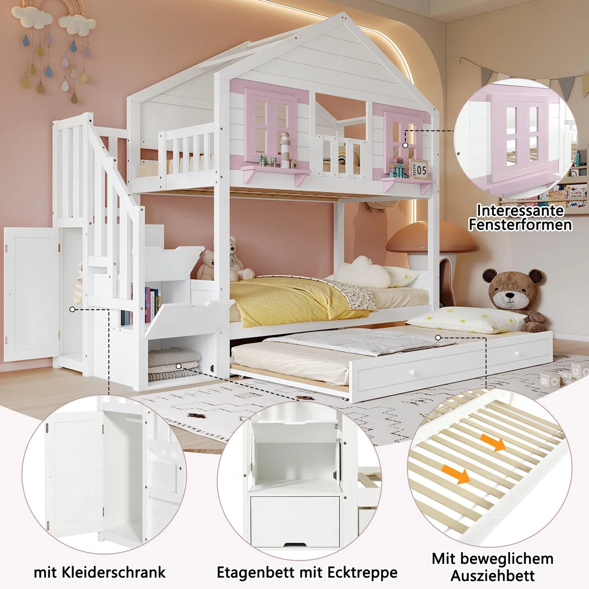 Letto a castello 90 x 200 cm, letto in legno con finestra e tetto, letto per ragazzi con letto pieghevole (senza materasso) bianco+rosa
