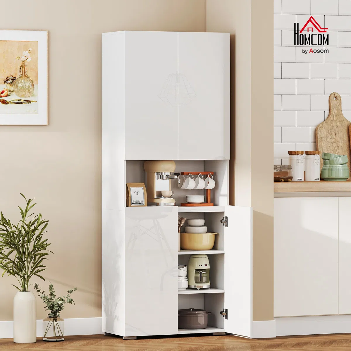 HOMCOM Credenza Cucina Alta 180 cm, Mobile Dispensa con 4 Ante Soft-Close, Ripiani Regolabili, Scomparto Aperto, 2 Armadietti, Mobile Cucina Moderno per Sala da Pranzo Soggiorno, Bianco Lucido
