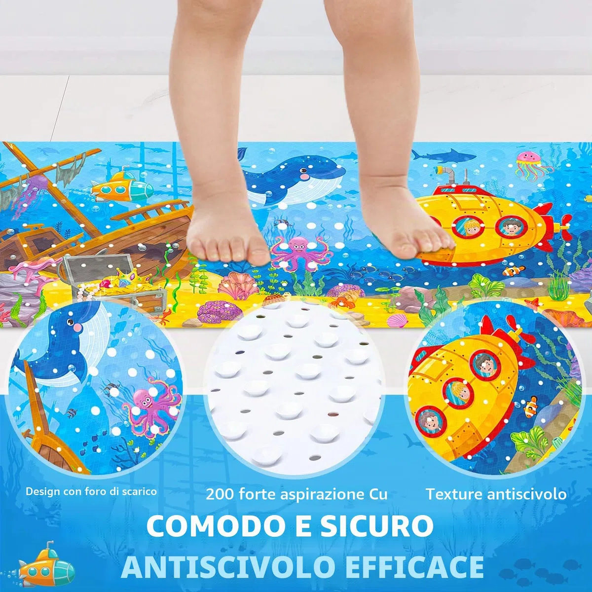 Tappetino Vasca Antiscivolo Bambini da Bagno,100x40cm Tappetino per Doccia Antiscivolo con 200 Ventose e Modello Animale Marino,Senza BPA Antibatterico Lavabile in Lavatrice Tappetino da Bagno